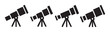 © BraveSpirit - Four black telescope icons on tripods are depicted in a simple, clean vector illustration, symbolizing astronomy, exploration, and scientific discovery.
