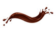 © Skyframe - A luscious wave of glossy melted chocolate swirls dynamically through the air, arching in a smooth, rich ribbon before fracturing into energetic droplets against a stark white background
