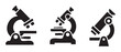 © BraveSpirit - Three black microscope icons representing scientific research and discovery, symbolizing education, laboratory work, and medical advancements in various fields of study.