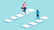 © Muhammad - Flat geometric illustration of two entrepreneurs navigating through business steps, teamwork