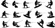 © Asha Moni - Wakeboarding athlete silhouettes set showing extreme water sports tricks jumps and dynamic poses isolated on white background for design use