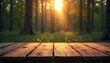 © miss irine - Rustic wooden table surface in forest at golden hour sunset. Empty planks in nature setting for product display. Outdoor scene with warm natural light.