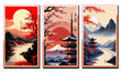 © hadi - Japanese landscape banner set with Mount Fuji, pagoda, and cherry blossoms. Traditional oriental scenery with sun and lake in retro flat vector style for travel posters