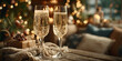 © john - Two champagne glasses filled with sparkling wine on table near decorated Christmas tree in cozy living room with warm lighting for holiday celebration.