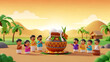 © Sitaram - Harvest festival ritual with decorated clay pot and village people praying together in rural landscape showing traditional culture seasonal farming devotion and joyful community life