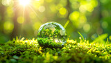 Vivid green environment scene with a transparent glass sphere reflecting lush trees and sunlight, emphasizing nature's beauty and ecological harmony