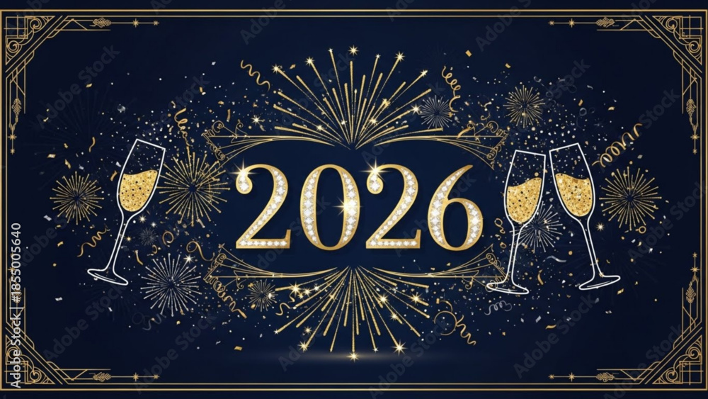 New year's eve celebration with champagne glasses and fireworks on dark ...
