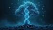 © miss irine - Tree of life intertwines with glowing DNA helix structure. Deep roots anchor earth, branches reach skyward. Abstract concept of genetics, ancestry, growth, and science.
