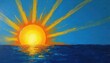 © miss irine - Bright sun with yellow rays emerges from blue ocean surface. Golden light reflects on water. Abstract artwork shows sunset or sunrise over sea. Warm glow with deep shadows.