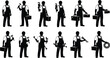© Itz Raju - Worker silhouettes, tradespeople vector set, black icons, construction tools, mechanic poses, plumber gear, hard hat figures, silhouette pack, labor professions, tool handling