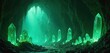 © miss irine - Vast dark cave filled with glowing green emerald crystal formations. Stalactites hang from ceiling, light streams through opening. Rough terrain floor with water pools reflects gem glow.