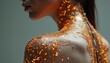 © miss irine - Human shoulder covered in gold circuits and glowing lights. Futuristic tech integration on skin, body part detail with intricate patterns and abstract design.