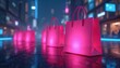© miss irine - Neon pink shopping bags line a wet city street at night. Futuristic buildings with glowing lights reflect on wet pavement. Online shopping and retail commerce concept illustration.