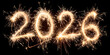© john - Frohes neues Jahr, Silvester, Neujahr, Grußkarte, Karte mit deutschem Text - Wunderkerzenschrift mit der Jahreszahl 2026 Feuerwerk Schrift Wunderkerze, isoliert auf schwarzem Hintergrund