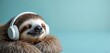 © miss irine - Cute sloth with headphones enjoys music on pastel background. Animal portrait shows serene, calm mood. Furry creature rests peacefully listening audio. Sleepy, happy expression.