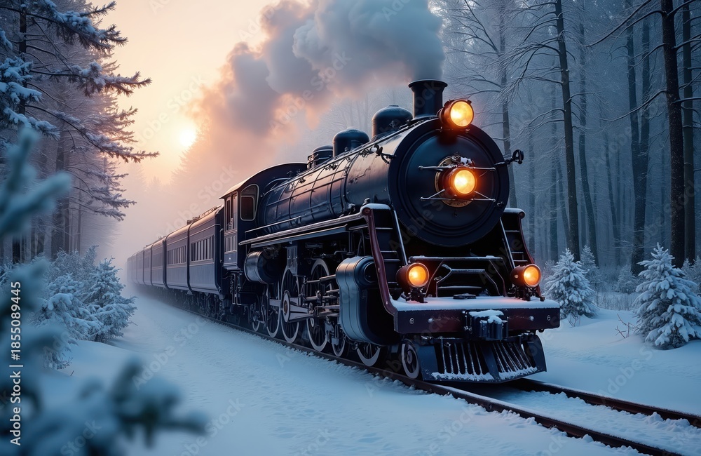 Vintage steam train travels through snowy forest at dusk. Powerful ...