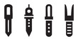 © BraveSpirit - Four different sewing tools seam rippers vector icons for tailoring and craft projects, illustrating various designs of essential instruments for textile work and garment creation.