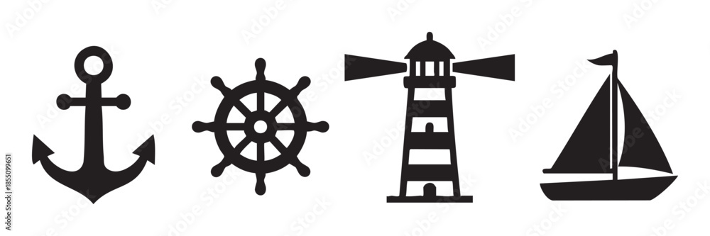 Nautical symbols anchor ship wheel lighthouse sailboat vector illustration set representing marine navigation, travel, and adventure on the open sea.