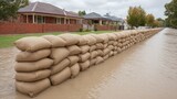 Flood Barrier Created with Sandbags in Residential Area to Protect Homes from Rising Water Levels in Suburban Neighborhood