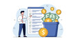 © Sumon Creatives - Successful businessman presenting a large bucket filled with money and gold coins next to a completed business checklist.