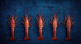 Five red, long-beaked prawns arranged on a dark blue, textured surface