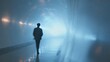 © CYBERPINK - Person walking through a tunnel. the tunnel appears to be made of concrete and has a tiled floor.