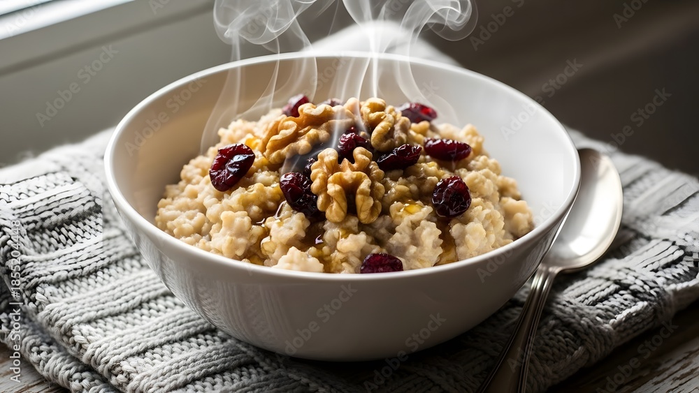Steaming Bowl of Oatmeal with Dried Fruits and Nuts Healthy Breakfast
