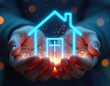 © Vadym - Hands hold bright neon house icon with glowing particles and bokeh lights. Represents future housing, property tech, and digital real estate concepts.