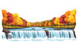 © Mimi - Breathtaking autumn landscape showcasing a wide, powerful waterfall flowing through a vibrant forest of red and orange foliage, an ideal natural scene.