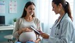 © Pete - Smiling pregnant woman sits with doctor in clinic looking at tablet. Expecting mother discusses health care with physician during prenatal appointment. Physician explains results of medical exam.