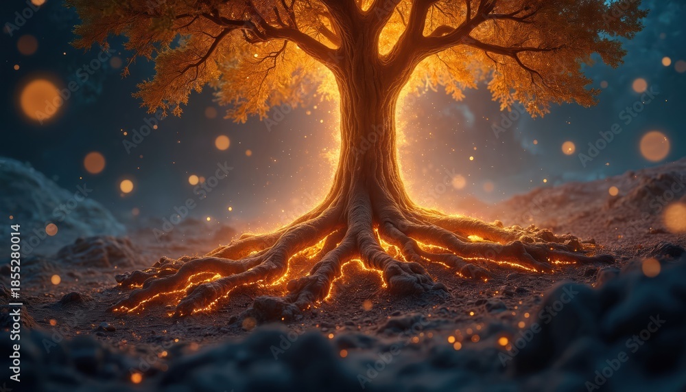 Glowing tree roots spread from central trunk in dark night. Fiery ...