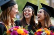 © Pete - Three smiling young women in graduation gowns laugh holding colorful flower bouquets. Diverse friends celebrate college achievement together on campus green. Friends share happy moment, enjoy future
