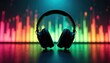 © Pete - Black DJ headphones rest on a reflective surface. Neon equalizer bars pulse vibrantly behind. Modern sound equipment for music creation and listening pleasure. Nightclub vibe.