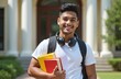 © Pete - Young man with headphones and books stands outside university building. He smiles confidently carrying backpack, ready for classes. Hispanic student looks happy outdoors.