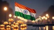 © MMerellinn - Indian Republic Day celebration, flag flying, Ashoka Chakra symbol, illuminated lotuses, water reflection, twilight illumination, national pride, symbolic celebration.