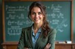 © Viktor - Smiling woman teacher stands by blackboard with math formulas. She wears a green jacket and denim shirt. Pro woman in a classroom setting. Female educator ready to teach.