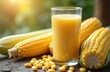 © Viktor - Yellow sweet corn juice in glass. Ripe corn cobs and kernels nearby. Healthy farm product, natural refreshment for summer. Tasty drink made from grain.