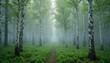 © Viktor - Misty forest path between tall birch and pine trees. Overgrown green underbrush covers ground. Thick fog obscures distance in serene woodland.