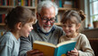 © Viktor - Elderly man reads book to happy children, sharing joyful moment indoors. Grandfather tells story, kids listen attentively, enjoying family time and learning in cozy library setting.
