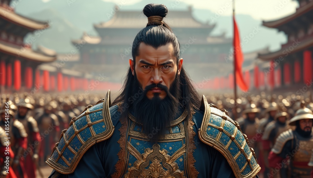 Asian general in ornate armor reviews army before ancient Chinese city gates. Bearded man leads soldiers in military formation. Red flags fly over historic palace buildings.