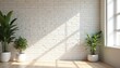 © Maryna - Sunlit room with white brick wall and potted plants. Wooden floor casts shadow patterns from window. Clean, modern, neutral space for virtual meetings or presentations.