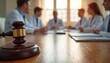 © Maryna - Medical experts in white coats sit at a table in a meeting room. A gavel rests on the wood surface. They discuss healthcare law policy and decisions with teamwork. Professionals confer on justice.