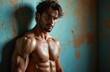 © Maryna - Muscular shirtless man with wet skin leans against textured wall. Strong athletic male model shows defined abs and powerful physique. Intense gaze from young fit person.