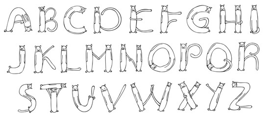  Hand-drawn cartoon cat alphabet.