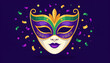 © LeoCreations - Colorful Mardi Gras Masquerade Mask Illustration with Flying Confetti.