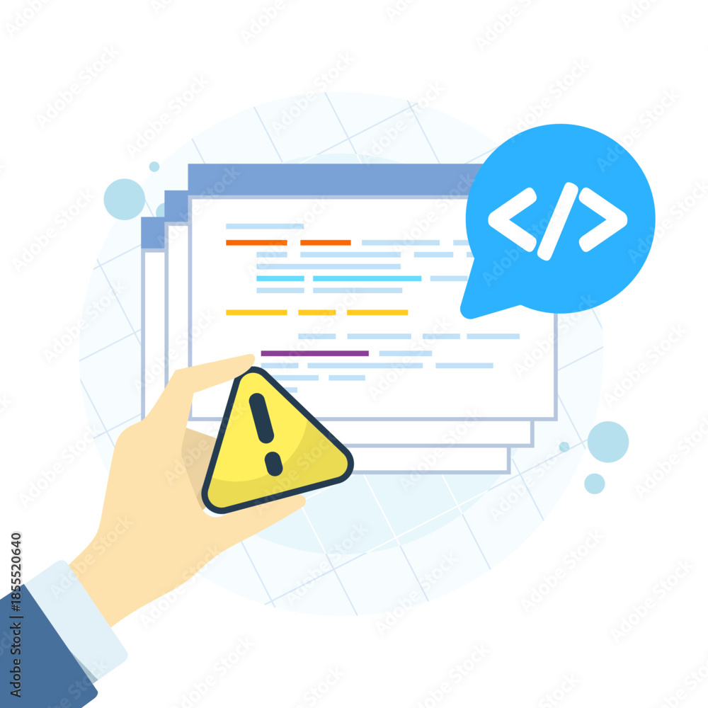 Quality control problem illustration showing warning sign and software