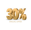 © elena_garder - Gold 3D number 30 representing twenty percent on a sleek poster template, ideal for sale promotions, discount offers, work progress displays, and marketing campaigns in vector format.