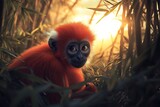A bright red monkey with a fluffy tail, peeking through a dense bamboo grove under the soft glow of a setting sun.