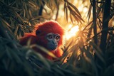 A bright red monkey with a fluffy tail, peeking through a dense bamboo grove under the soft glow of a setting sun.