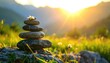 © Mahsya - A balanced stack of stones with a small white flower topped against a vibrant, sunlit mountain meadow backdrop.